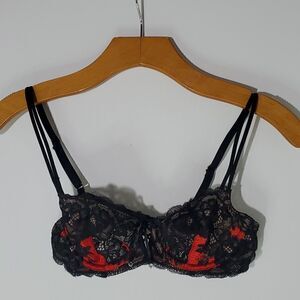 Victoria's Secret Unlined Demi Bra Gothic Red Black Lace Underwire Size 34A